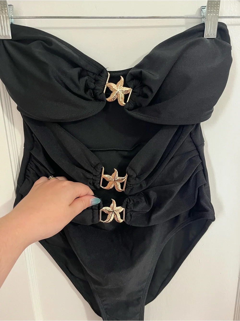 SHEIN Black Strapless Cutout One-Piece with Gold Starfish